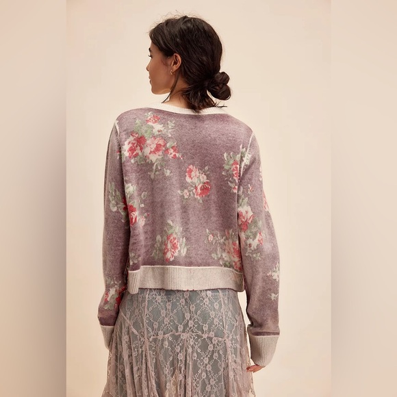 HTF Free People Patterned Cashmere Floral Cardi Malbec Combo Purple Large EUC - Picture 3 of 10